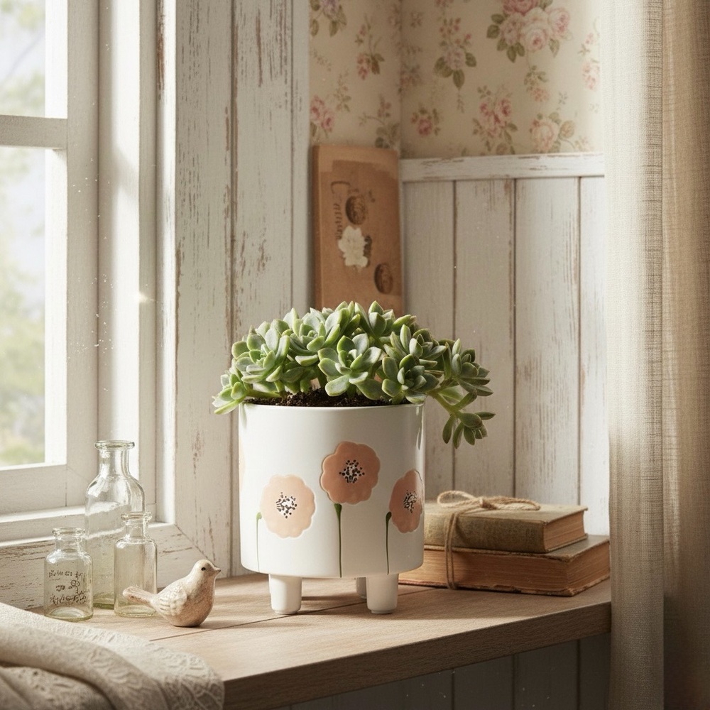 Shabby Chic Floral Ceramic Barrel Planter with Stud Legs – 6” White & Pink